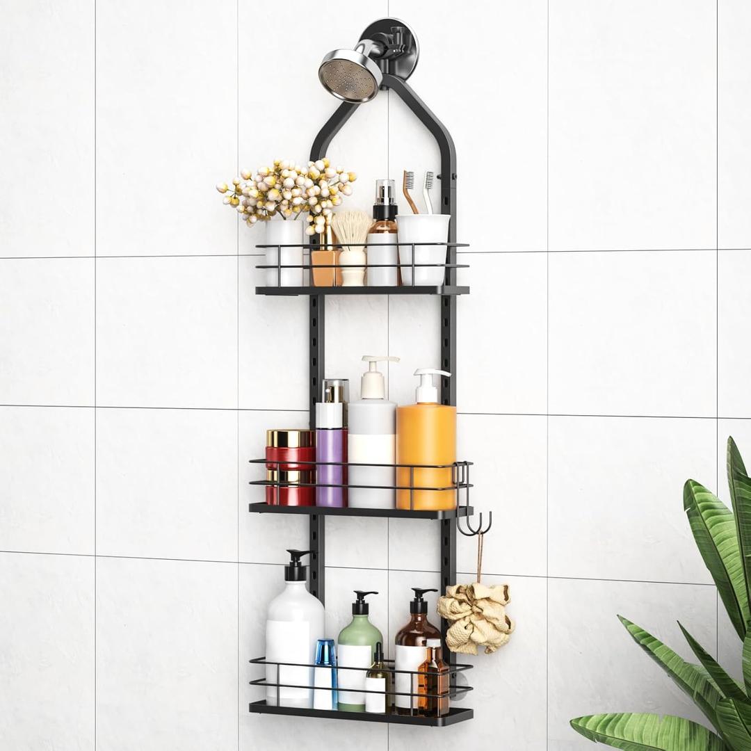 Shower Caddy Hanging, Adjustable Anti-Swing-Over The Shower Head Caddy, 3 Tier Height Bathroom Storage Organizer Bathroom Shelves Basket Rack Shower Caddies (3Tier)