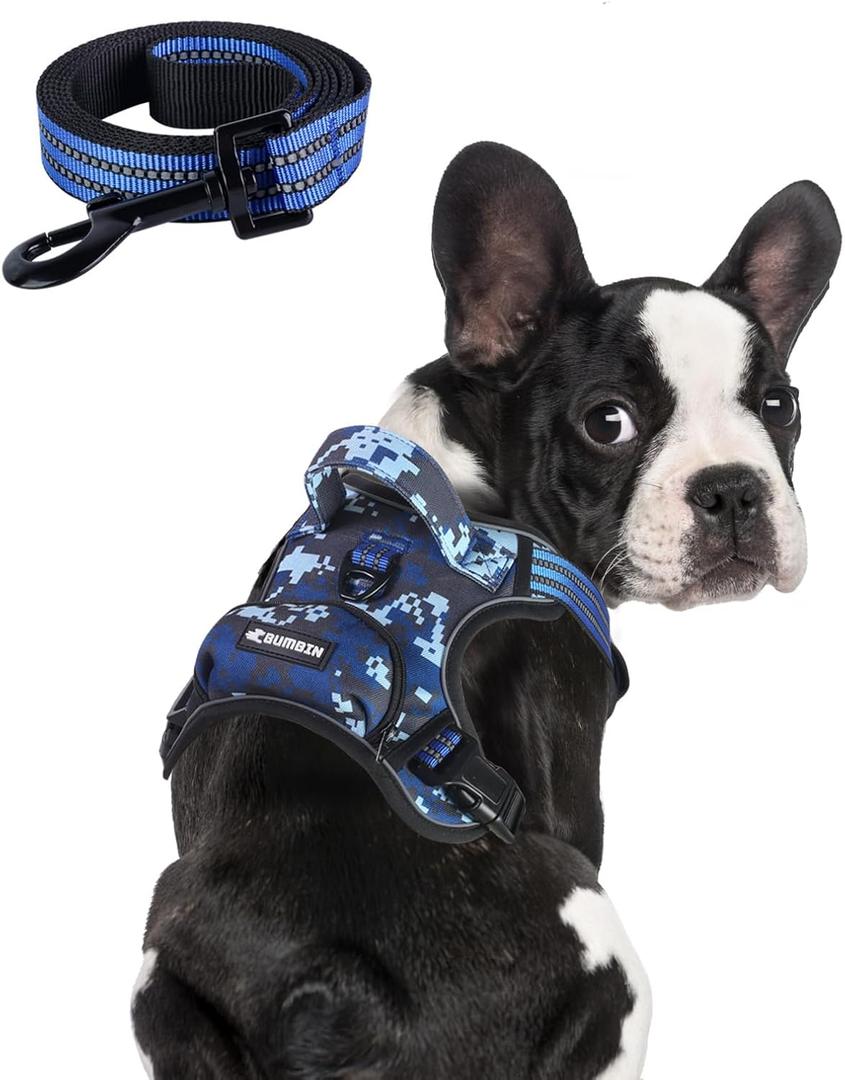 BUMBIN Dog Harness for Large Dogs, No Pull Adjustable No Choke Pet Vest with Dog Leash Fit Smart Reflective Pet Walking Harness for Training Easy Control Soft Handle Blue Camo, Large