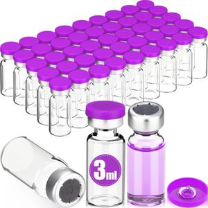 50 Pcs 3ml Sealed Sterile Empty Vials with Self Healing Injection Port Clear Glass Empty Vials with Plastic-aluminum Flip Cap and Rubber Injection Stoppers Flat Bottom Lab Vial (Purple Lid)