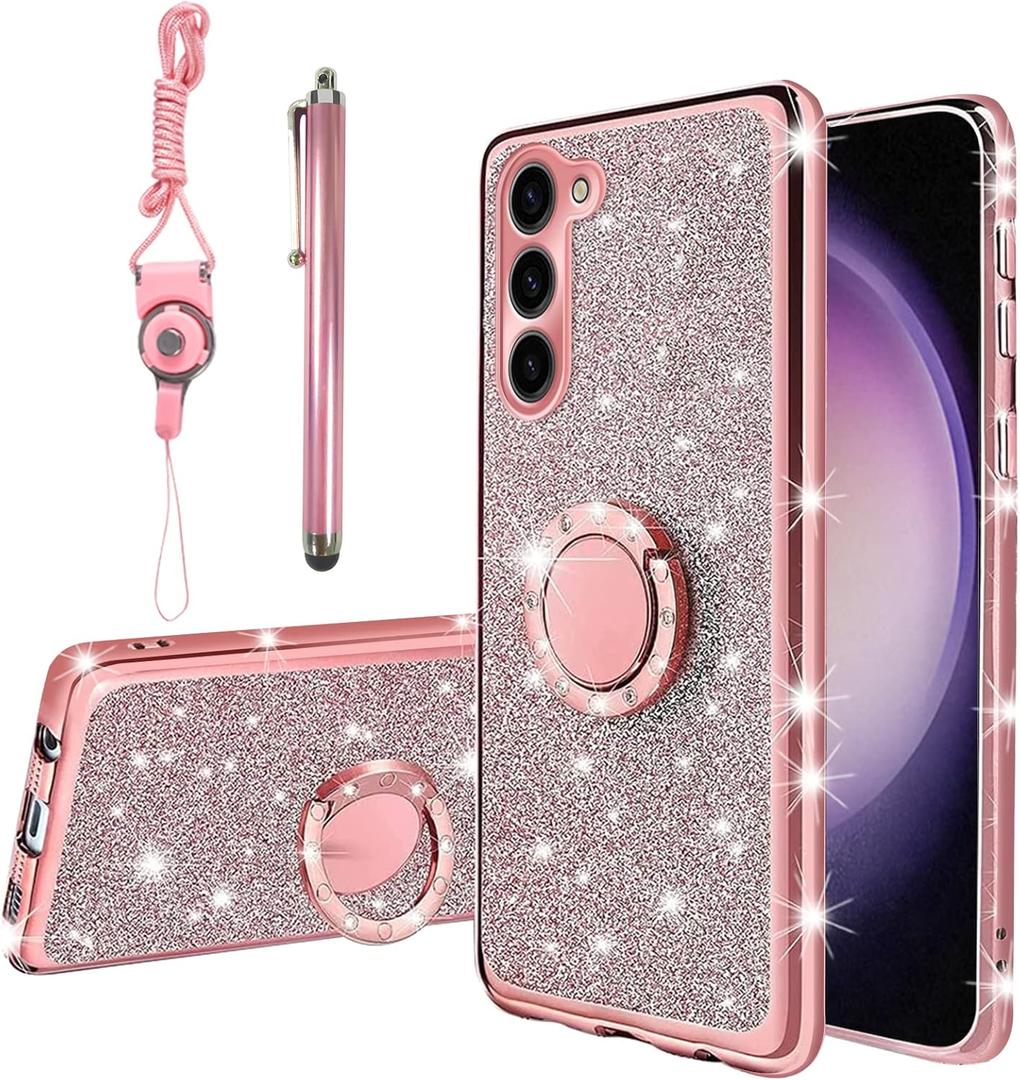 KuDiNi for Samsung Galaxy S23 Case, S23 Phone Case 6.1" for Women Girls Glitter Crystal Soft Clear TPU Luxury Bling Cute Protective Cover with Kickstand Strap for Samsung Galaxy s23 (Glitter Rose)