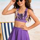 AIDEAONE Girls Swimsuit Two Piece Tankini Skirt Set with Boyshort Summer Beach Bathing Suit Size 6-14 (6-7 Years, Purple)