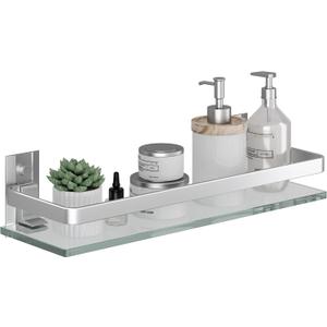 Danpoo Clear Tempered Glass Wall Shelf, Wall-Mounted Organizer for Bathroom, Kitchen(Matte Silver)