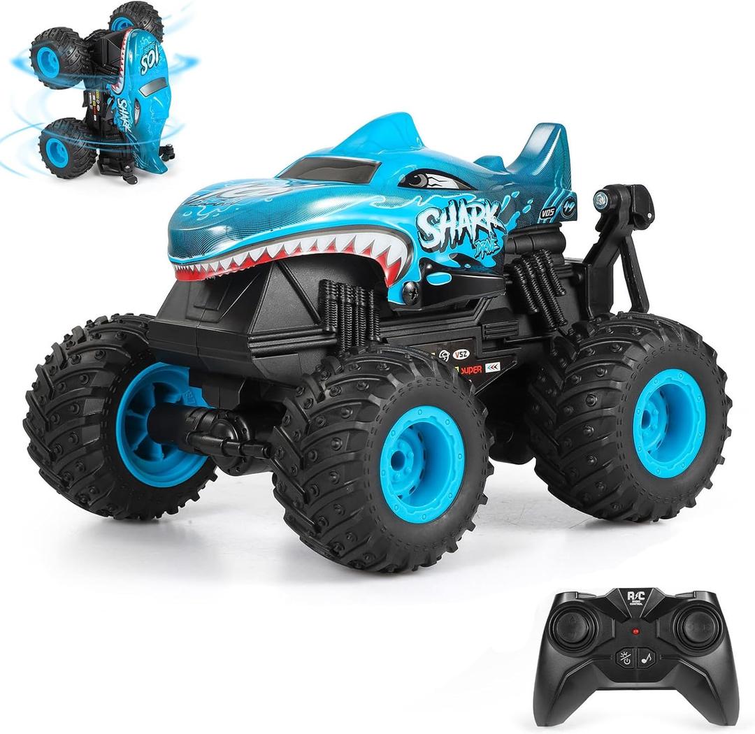 DYODYORC Remote Control Car, 2.4Ghz All Terrain Shark Monster Truck Toys, RC Truck with Music, 3 Lighting Effects, 360 Stunt Capable, 2 Batteries Ready to Run, Toy Gifts for Boys and Girls (Blue)