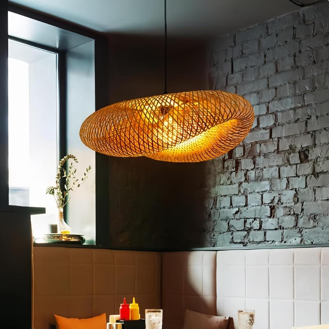 COSYLUX Farmhouse Rattan Pendant Light Fixture for Kitchen Island, Dining Room, 22'' Hand-Woven Bamboo Hanging Lamp, Rattan Chandelier Bird Nest Shape Pendant Light for Bar Cafe Living Room, Rattan Large