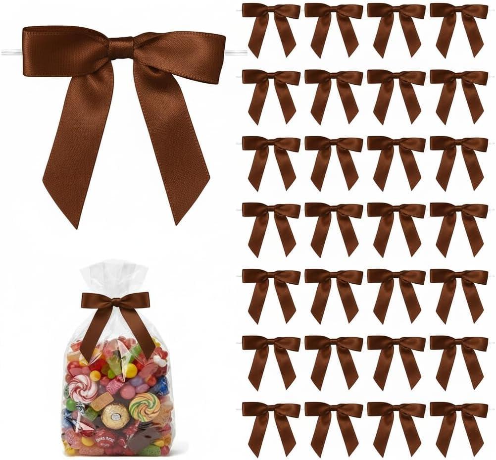 50 Pack Satin Twist Tie Bows, 2.75 Inch Pre-Tied Mini Ribbon Bows for Gift Bags, Treat Bags, Party Favor Bags and Small Gift Packaging (Brown)