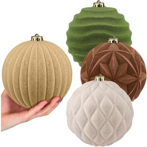 4 Pcs Jumbo Neutral Velvet Christmas Balls Ornaments Bulk 6 Inch Extra Large Flocked Christmas Tree Ornaments Xmas Bulbs Decorations Giant Hanging for Outdoor Indoor Xmas Home Party