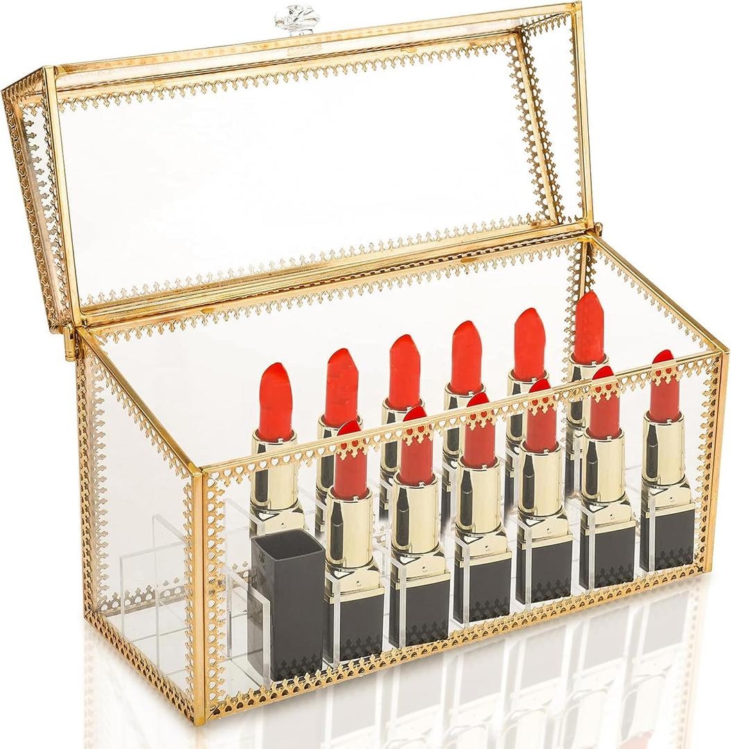 HighFree 24 Slots Glass Lipstick Organizer - Gold Vintage Transparent Display Box With Lid & Removable Dividers for Lip Gloss, 