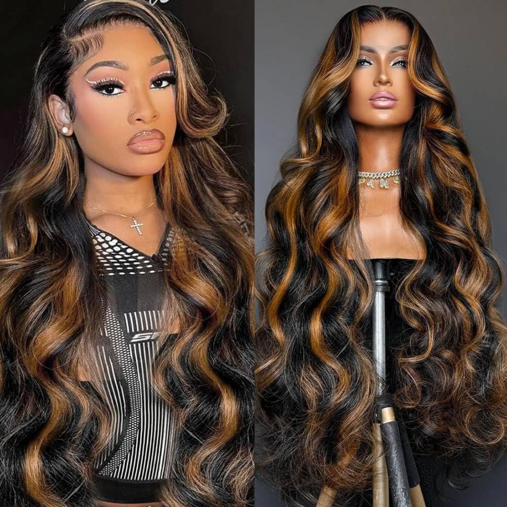 1B/30 Highlight Ombre Lace Front Wigs Human Hair 13x6 HD Glueless Body wave Lace Frontal Wigs 180% Density Brazilian Virgin Human Hair Wigs for Women Pre Plucked with Baby Hair (1B30, 24Inch)