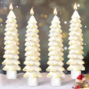 4 Pack Christmas Tree Candles, 5 Inch Pure Beeswax Christmas Tree Shaped Taper Candles for Xmas Holiday Decor, Advent Party Banquet Centerpiece Decoration(Green with Gold Trim)