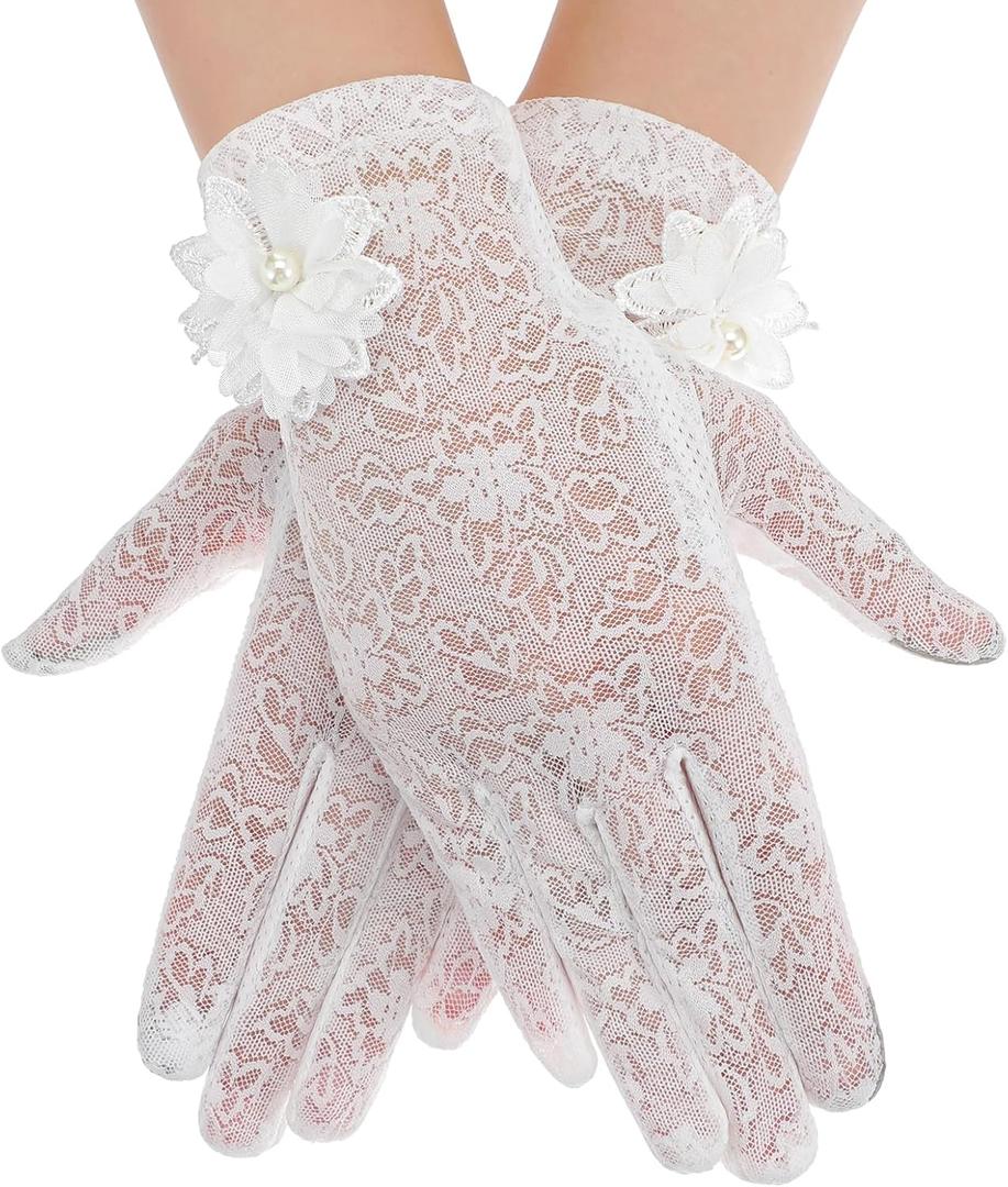 1 Pair Lace Gloves, White Lace Gloves Tea Party Summer Sun Uv Protection Screentouch Elegant Laces Glove for Tea Party Wedding Opera Evening Prom