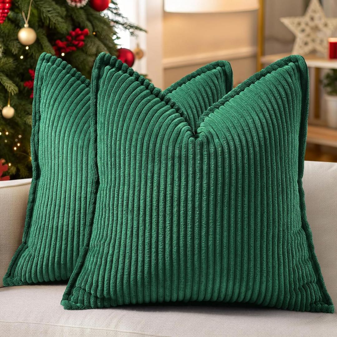 decorUhome Spring Corduroy Green Throw Pillow Covers 18x18 Set of 2 Decorative Soft Boho Farmhouse Couch Pillow Covers for Living Room Bed Sofa Broadside Striped Pillow Cases