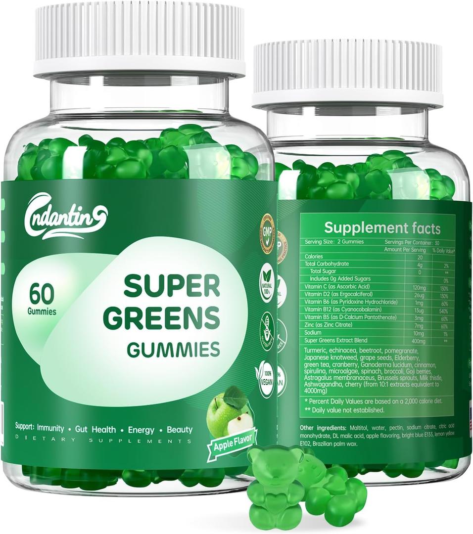 2 x Super Greens Vitamins Gummies - Gummy Vitamins for Women & Men, Boost Energy | Immunity Support | 20+ Organic Green with Chlorella, Spirulina | Apple Flavor| Vegan, Non-GMO Supplement | 60 Count