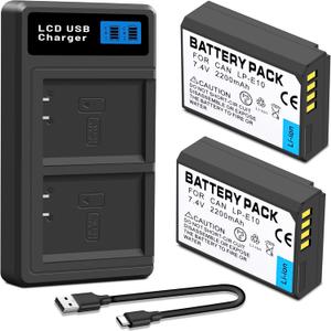 2-Pack LP-E10 Replacement Battery and LED USB Dual Charger Compatible with Canon EOS Rebel T7 T6 T5 T3 T100, EOS 2000D, 3000D, 4000D, 1200D 1100D 1300D 1500D, KISS X50 X70 X80 X90 (2200mAh)