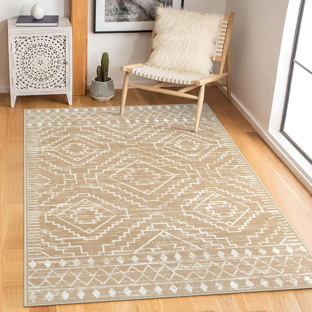 Wonnitar Moroccan Washable Rug 3x5, Non-Slip Entryway Area Rug, Soft Farmhouse Bedroom Throw Mat, Geometric Low Pile Scandinavian Accent Carpet for Entry Kitchen Basement (Kakhi,3'x5')