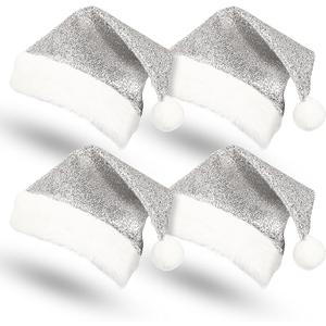 4 PCS Christmas Decorations Santa Hat for Adults Christmas Sequin Hat Xmas Santa Hats Cap for Costumes Holiday Party Supplies (Silver)