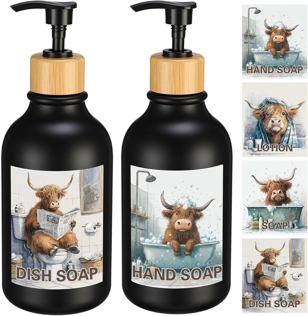 2 Pcs Highland Cow Soap Dispensers, Hand Soap Dispenser Bathroom with Highland Cow Sticker, 16.9 oz Dish Lotion Dispenser for Kitchen with Pump Plastic Refillable Liquid Lotion Container