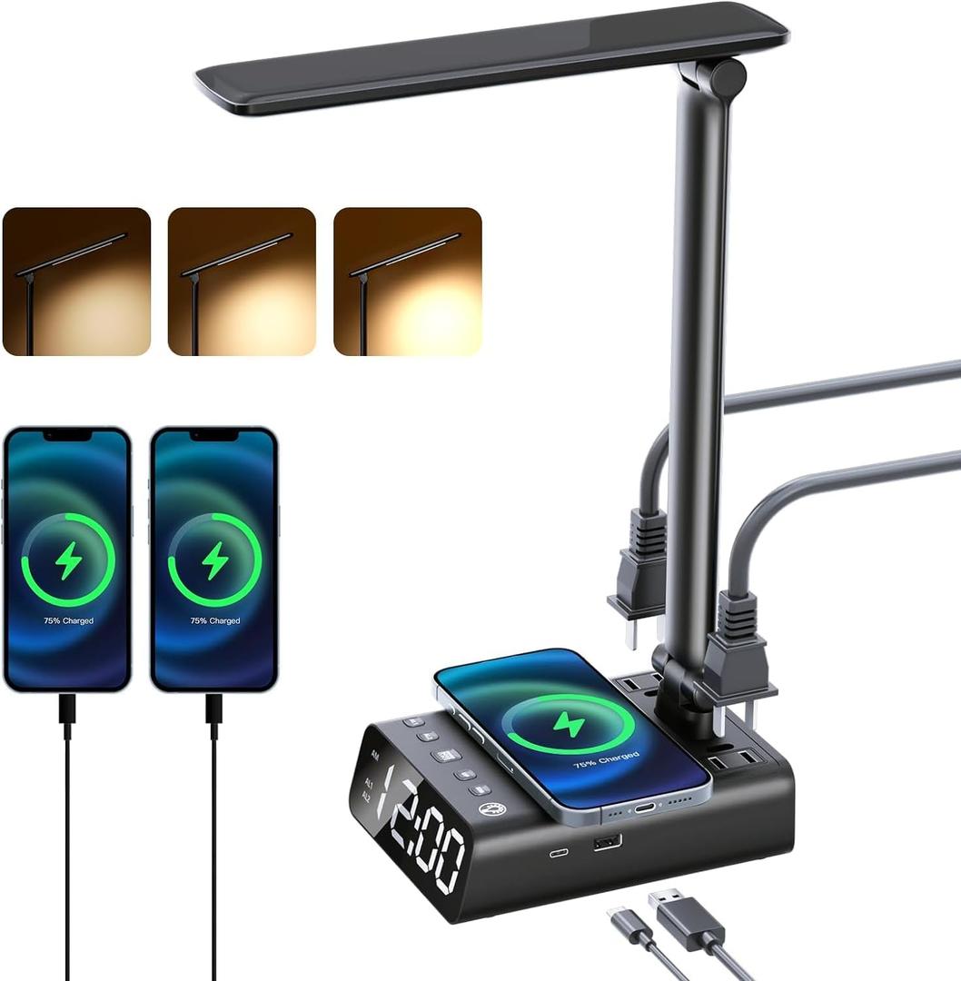 Alarm Clock with USB Charger and Outlets, Heavy Sleepers Alarm Clock for Adults, Kids & Teens, Charging Station (Black Long Lamp)