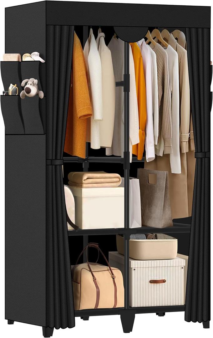 Jofuler Wardrobe Closet, Quick and Easy Assembly, Black Portable Closet with 2 Hanging Rods 4 Storage Shelves and 8 Side Pockets, Sturdy and Stable Clothes Rack with Cover, for Bedroom and Dormitory