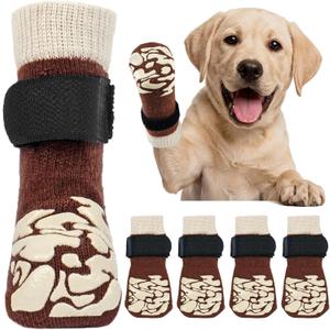 Kuoser Non-Slip Dog Socks, 2 Pairs Socks to Prevent Licking Paws, Paw Protectors for Hot Pavement, Hardwood Floors, Traction Control for S(paw width：2"), Brown