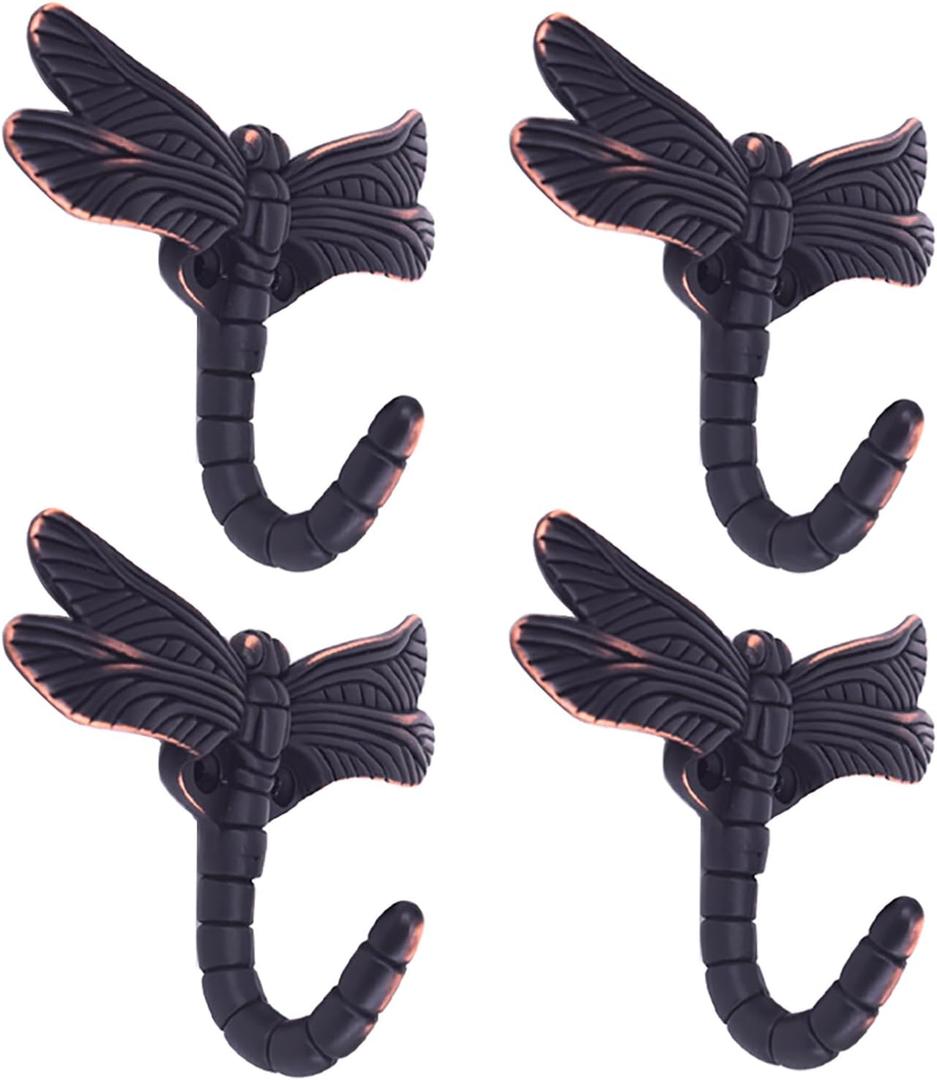 Dragonfly Hooks Wall Hooks for Hanging, Oil Rubbed Bronze Coat Hooks Wall Mounted Towel Hooks,Heavy Duty Key Holder for Decor,Pack of 4