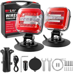Wireless Trailer Lights Magnetic LED Trailer Tow Lights Set of 2 for Trucks Boat RVs Campers Caravan with Tail Lights/Brake Lights/Turn Signal/Reverse/License Plate Lights/Reflector 5023B (All-in-One Standard)