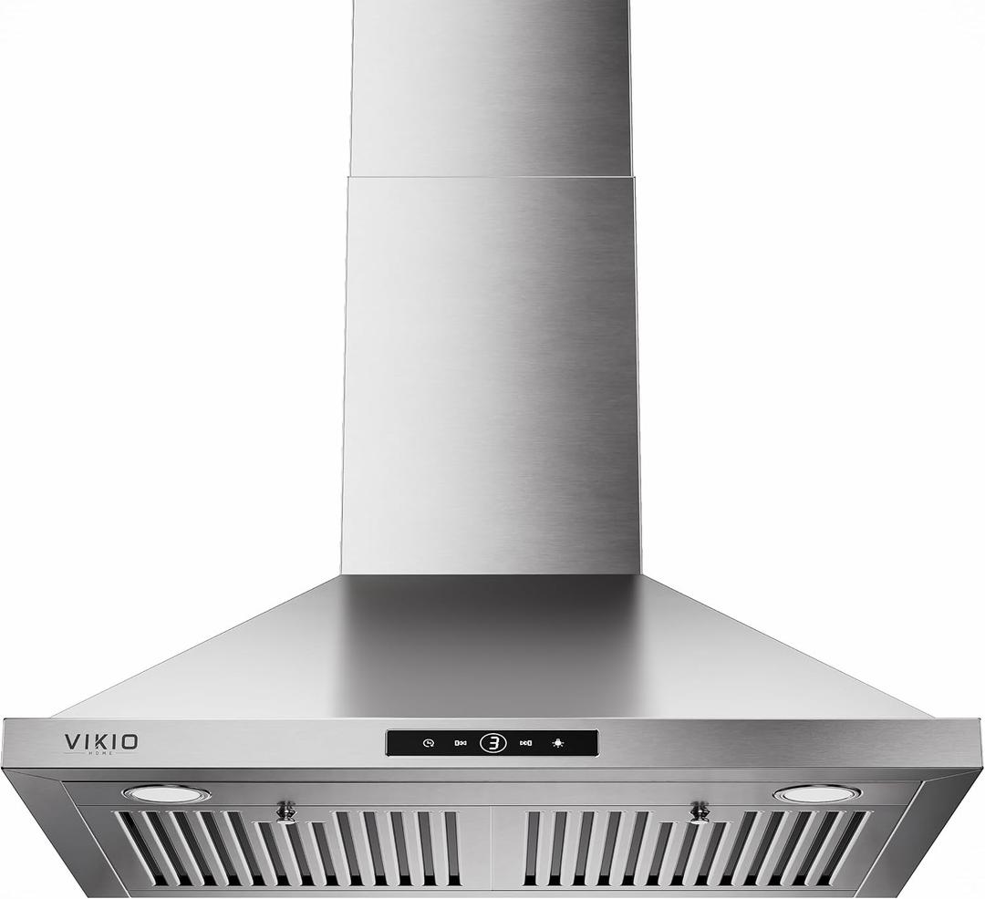 VIKIO HOME Wall Mount Range Hood 30 inch, 580 CFM, Ducted/Ductless Convertible, Stainless Steel Kitchen Vent Hood with 3-Speed Fan and LED Lights, Stainless steel, 30 inch