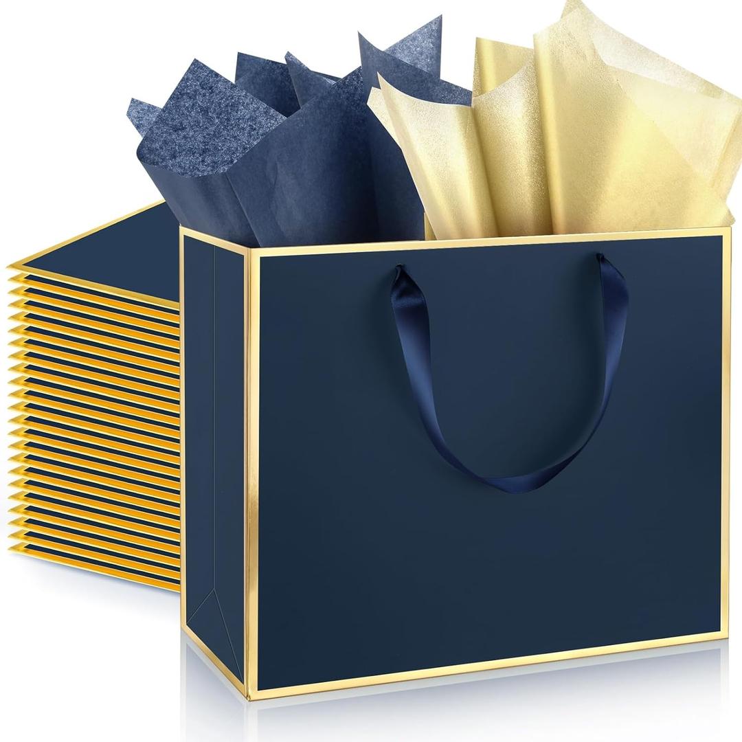 ReliThick 12 Pack 12 Pack Metallic Paper Gift Bag with Handles and Tissue Paper 11.8 x 10 x 4'' Thank You Favor Bag for Wedding Bridesmaid Groomsmen 5 Senses Birthday Gifts (Navy Blue,Gold)