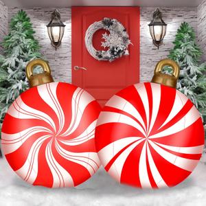 2 Pieces 32 Inch Giant PVC Inflatable Christmas Decorated Ball Ornaments Outdoor Large Xmas Blow Ball Decorations for Christmas Themed Party Ornaments(Candy,Red White)