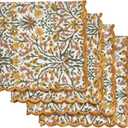 Ridhi Goldenrod Yellow Fern Green Hand Block Print Napkins 18" x 18" Set of 4 Reusable Cotton Dinner Napkins for Weddings, Parties & Everyday Dining, Thanksgiving, Christmas, Fall
