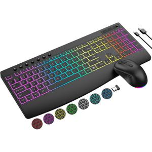 Wireless Keyboard and Mouse Combo, 9 Backlit Effects, 4000mAh Rechargeable Backlit Keyboard with Wrist Rest, 6 Button Mouse, 2.4G Full Size Quiet Keyboard Set for Computer, PC, Laptop, Mac, Windows