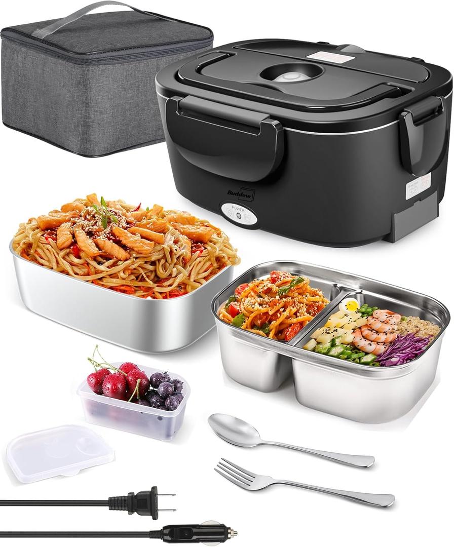 Buddew Electric Heated Lunch Box, 80W Fast Heating with Dual 1.5L Food-Grade 304 Stainless Steel, 12V/24V/110V Portable Food Warmer for Car Truck Office Adults, Lonchera Electrica Portatil (Black)