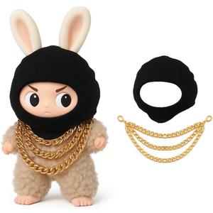 3 x Clothes for LABUBU 17cm Doll (NO Doll), Outfit for LABUBU, Black Head Cover, Three-Layer Gold Necklace - Funny Outfits & Accessories for Unique Style