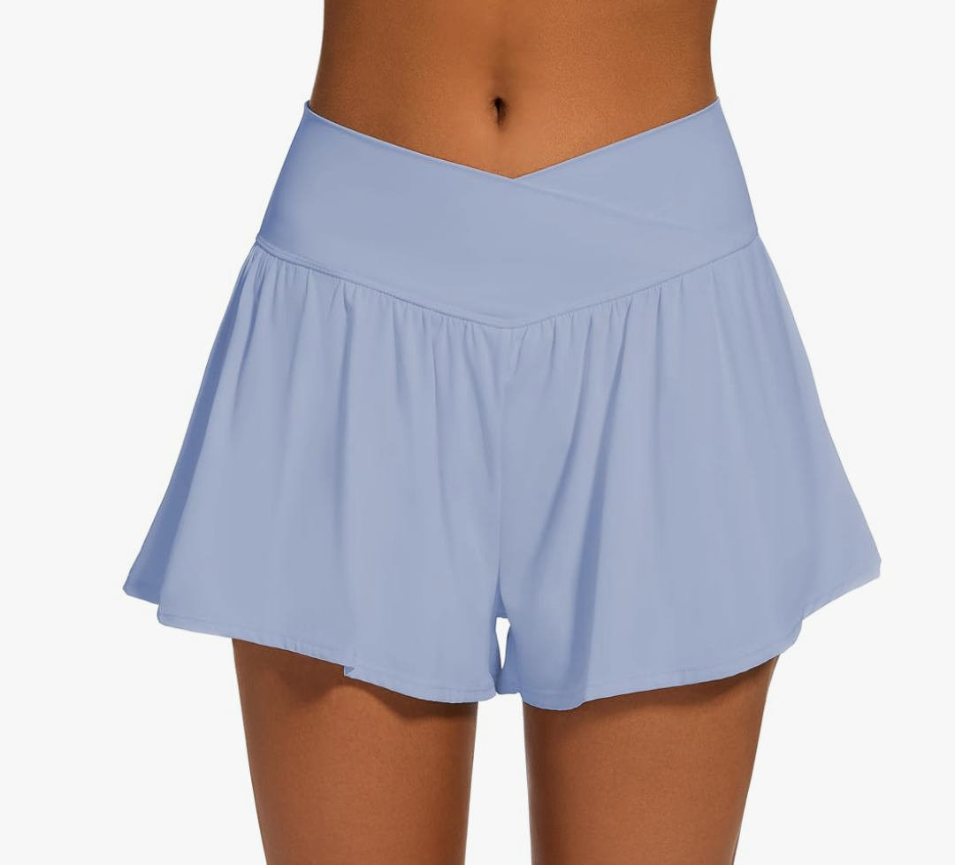Womens Crossover Athletic Shorts Wide Waistband Flowy Tennis Sports Skorts with Pockets L