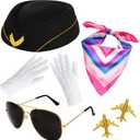 5 Pcs Flight Attendant Costume Accessories Women Airline Stewardess Outfits Flight Attendant Hat Pin Sunglasses Scarf Gloves (Black)