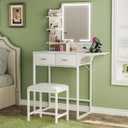 Makeup Vanity Desk with Mirror and Lights, Small Vanity with Fabric Storage Drawer & Chair & Shelves, White Vanity with Fold-up Panel and Power Outlet for Bedroom