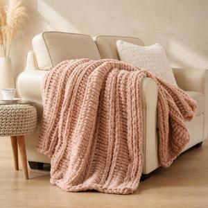 Chunky Knit Throw Blanket for Couch, Hand Made Chenille Throw Blanket, Super Soft Warm Cozy Pink Blanket for Bed, Sofa, Living Room, 50"x60"