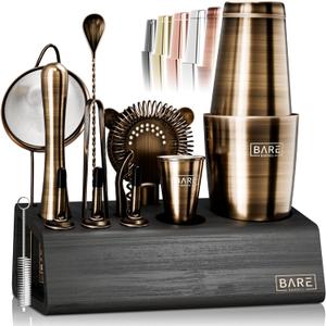 BARE BARREL Mixology Bartender Kit Bar Set | 14-Piece Cocktail Shaker Set | Martini Barware Mixing Tools for Home Bartending | Incl. 35 Recipe Cards | Gift Set (28oz Boston Shaker, Brass/Black)