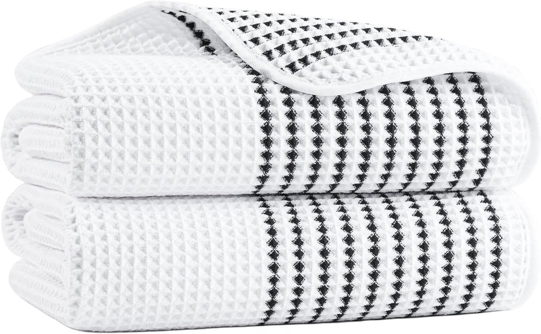 MICROFI New Microfiber Waffle Bath Towels, 2 Pieces, Soft, Absorbent, Fast Drying, Lint Free 430 GSM (White Striped)