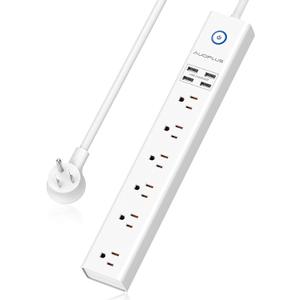 Power Strip 10Ft - Surge Protector with USB, AUOPLUS 6 Outlet and 4 USB Charger, 10Ft Long Extension Cord Flat Plug(1250W/10A/2100J), Wall Mountable Overload Protection for Computer Home Office Dorm (White)
