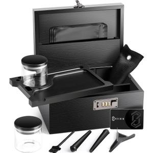 OZCHIN Large Bamboo Box with Combination Lock Decorative box for Home Great Gift Choice Storage Lockbox with Storage Jar, Christmas Gifts for Men Women (10 x 6.9 x 5 inches, Black)