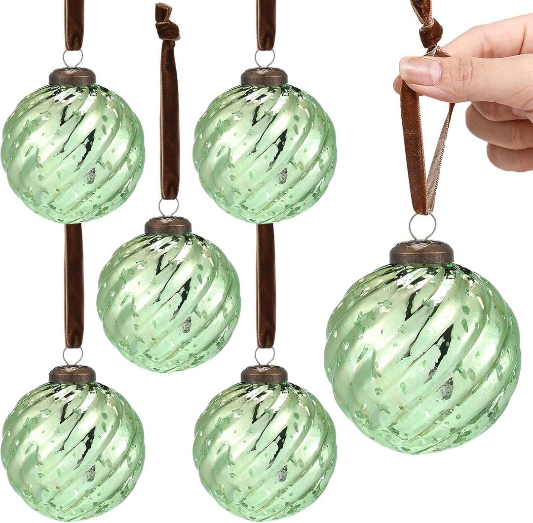 Threan 6 Pcs Large Vintage Mercury Glass Christmas Ornaments 3.15" Hanging Christmas Ball Ornaments Antique Embossed Ball Decorations for Xmas Tree Garland Wreath Holiday Decor(Green,Twist)