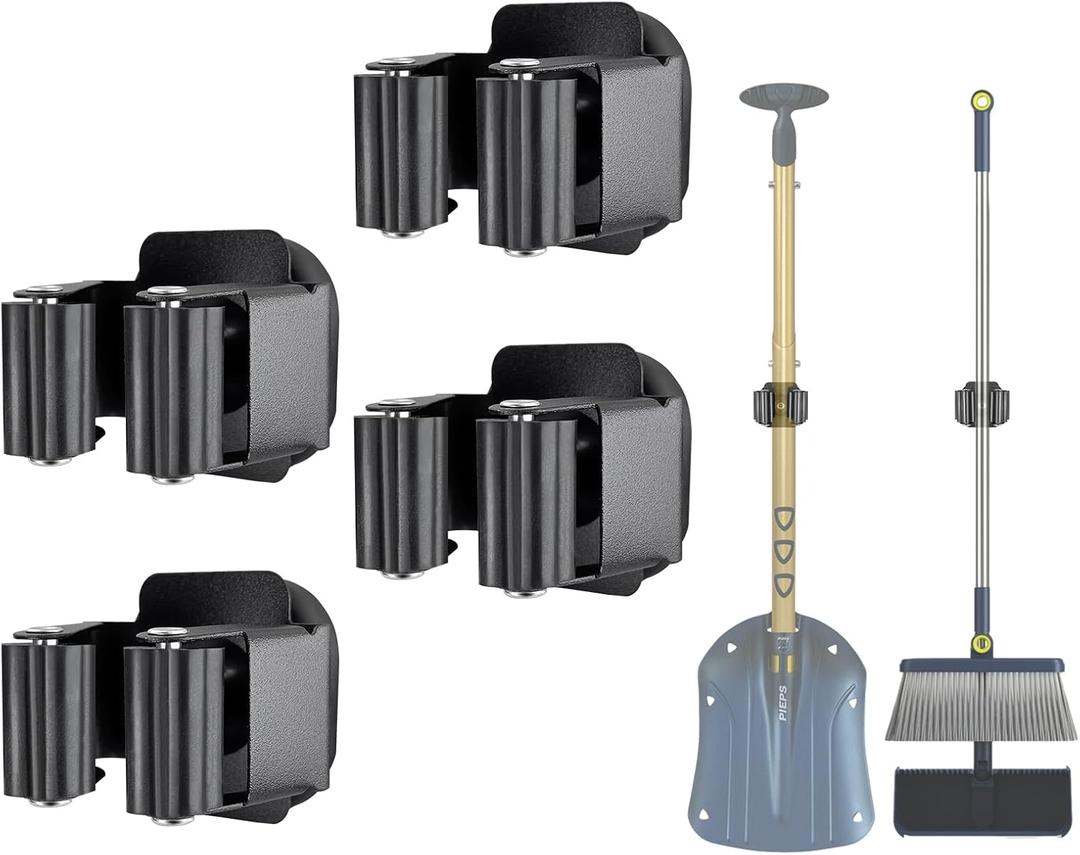 Upgraded Magnetic Broom and Mop Holder Wall Mount, Space-Saving Heavy Duty No Drill Over the Door Broom Gripper RV Camper Wall Organizer,Black,4 Pcs (Black-8 Magnets)