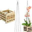 Bucherry Wooden Hanger Orchid Basket 6 Inches with Hangers Rustic Wood Hanging Orchid Planter Square Basket for Indoor or Outdoor Flower Planter with 20 Inches Hanger Chain(1 Set,6 Inch)