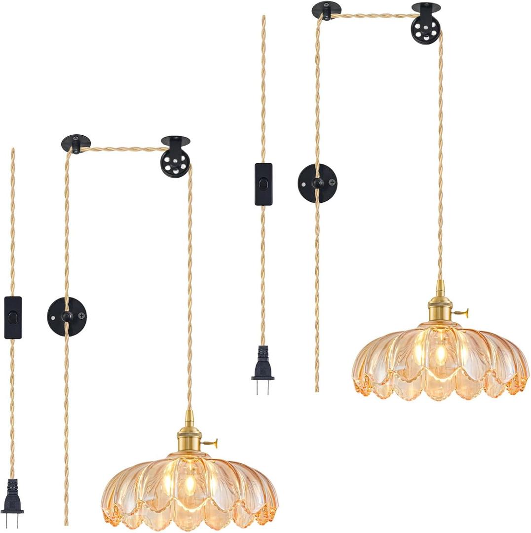 2 Pack Plug in Pendant Light Fixtures, Hanging Light Fixture Glass Pendant Light, Vintage Amber Hanging Lamp, Pendant Lighting for Kitchen Island, Bedroom, Dining Room, Living Room