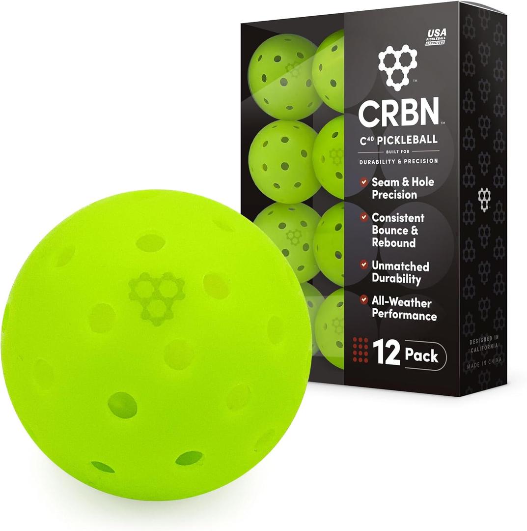 CRBN Pickleball - C40 Balls 6, 12, 100 Pack - Outdoor Pickleball Balls - Built for Durability & Precision - Roto-Molded 1-Piece Design (Neon Green)