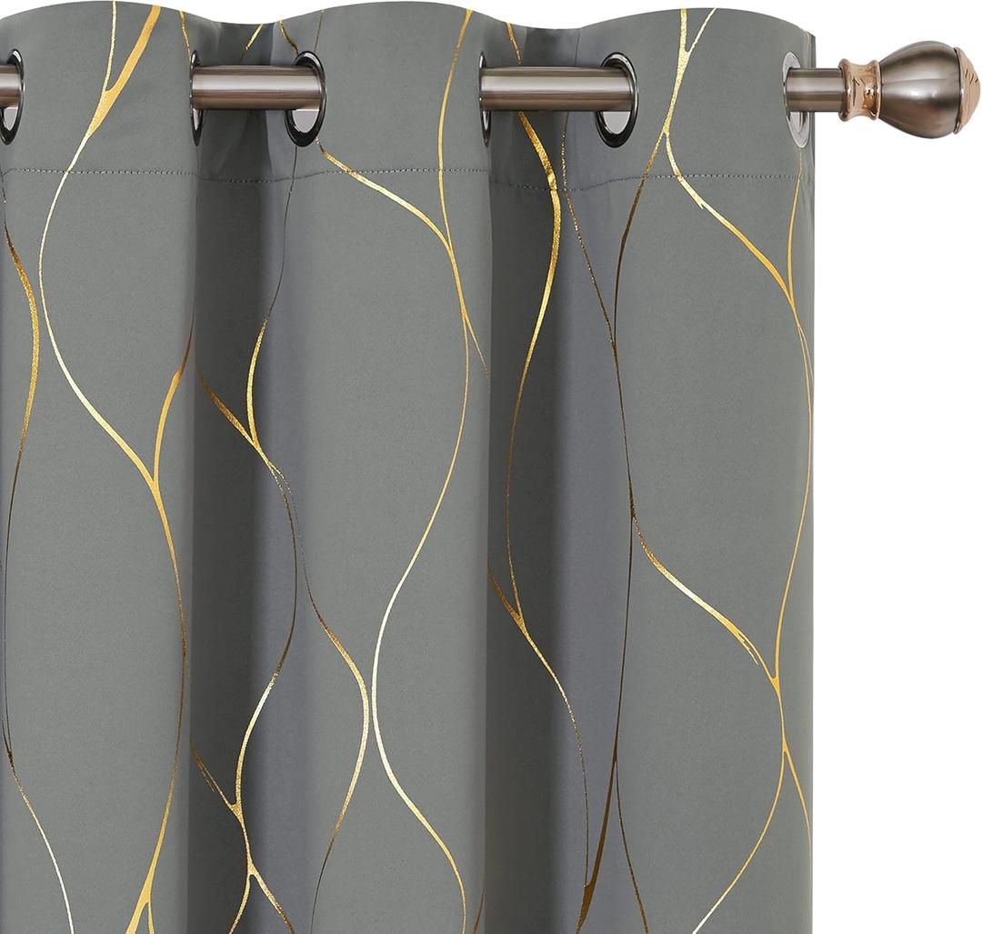 Deconovo Gold Wave Print Blackout Curtains for Bedroom, Thermal Insulated Curtains for Living Room, Room Darkening Drapes (Light Grey/Wave, 42x54 Inch, 2 Panels)