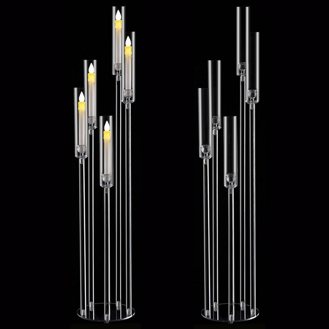 2pcs 5 Arm Floor Candelabra,Acrylic Floor Candle Holder for Wedding Centerpiece Tall Clear Candle Holders for Ceremony Birthday Party Home Decoration Fit 0.8 LED Candles