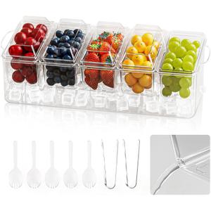 MIKESIER Ice Chilled Condiment Caddy, Condiment Tray Server with 5 Containers Lids, Fruit & Garnish Tray for Party Supplies & Bar Accessories, Set of 5 Serving Spoons & 2 Tongs Included