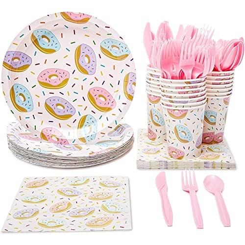 144 Piece Donut Grow Up Party Supplies, Serves 24 Guests Disposable Sprinkle Paper Plates, Cocktail Napkins, Cups, Cutlery, Two Sweet Birthday Party Decorations