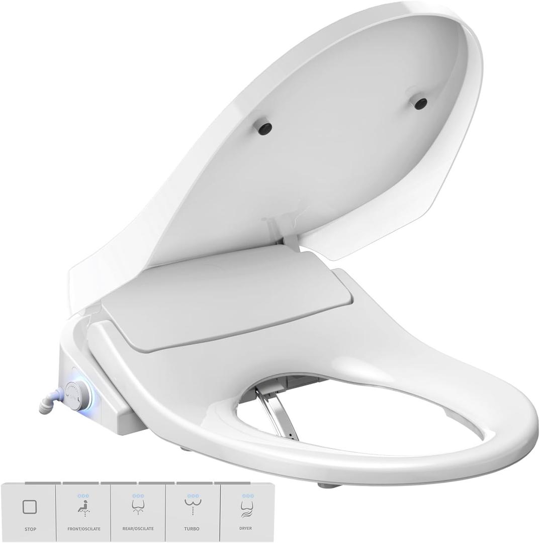 Electric Bidet Toilet Seat Elongated, Heated Toilet Seat with Instant Warm Water & Air Dryer, 6 Wash Modes, Dual Control, Self-Cleaning Nozzle, Soft-Close Lid, Night Light, Eco & Child Friendly